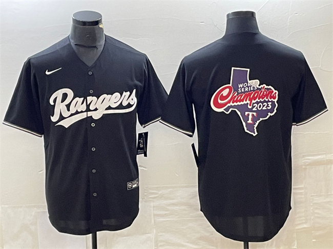 Men's Texas Rangers Black 2023 World Series Champions Big Logo Cool Base Stitched Baseball Jersey Men's Texas Rangers Black 2023 World Series Champions Big Logo Cool Base Stitched Baseball Jersey